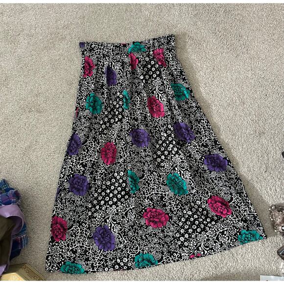 Vintage Bold 1990s skirt pink black teal floral funky preppy long midi retro 8 - Picture 2 of 5